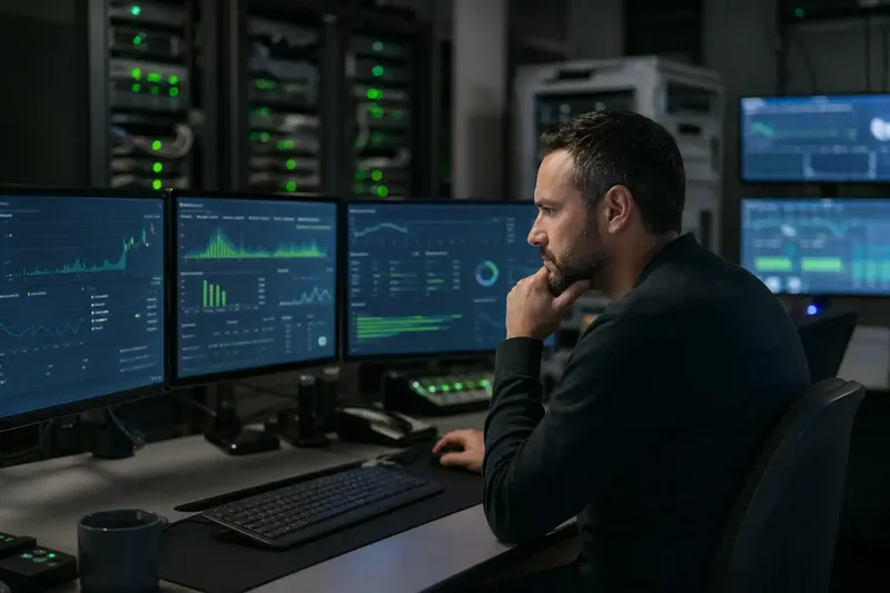 Betriebsingenieur analysiert Kosten- und Monitoring-Dashboards an drei Bildschirmen