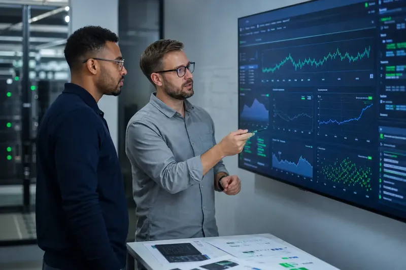 Zwei IT-Entscheider vergleichen Plattformoptionen an einem großen Bildschirm