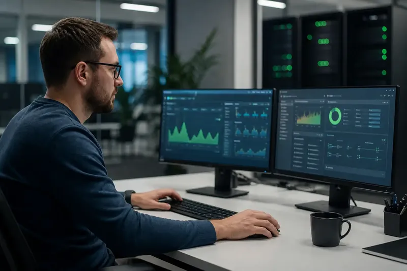 Einsteigerin in die Cloud-Administration an zwei Monitoren mit Dashboards