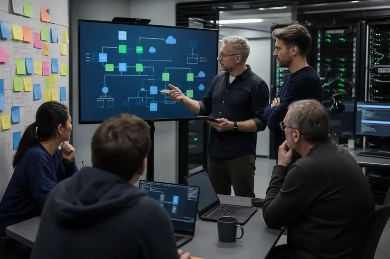 Team plant eine Infrastruktur-Migration vor Notizwand und Architekturdiagramm