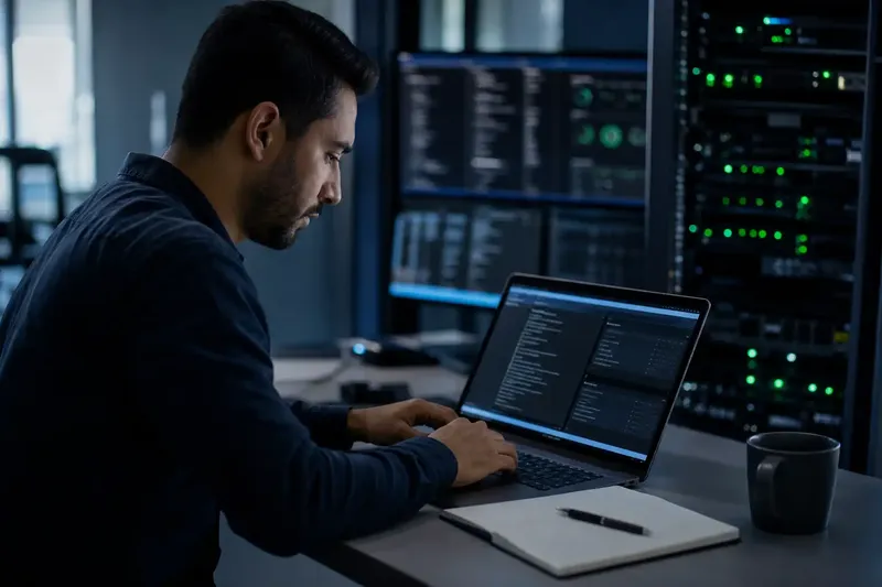 Person bereitet sich mit Laptop und Notizen auf eine Cloud-Zertifizierung vor