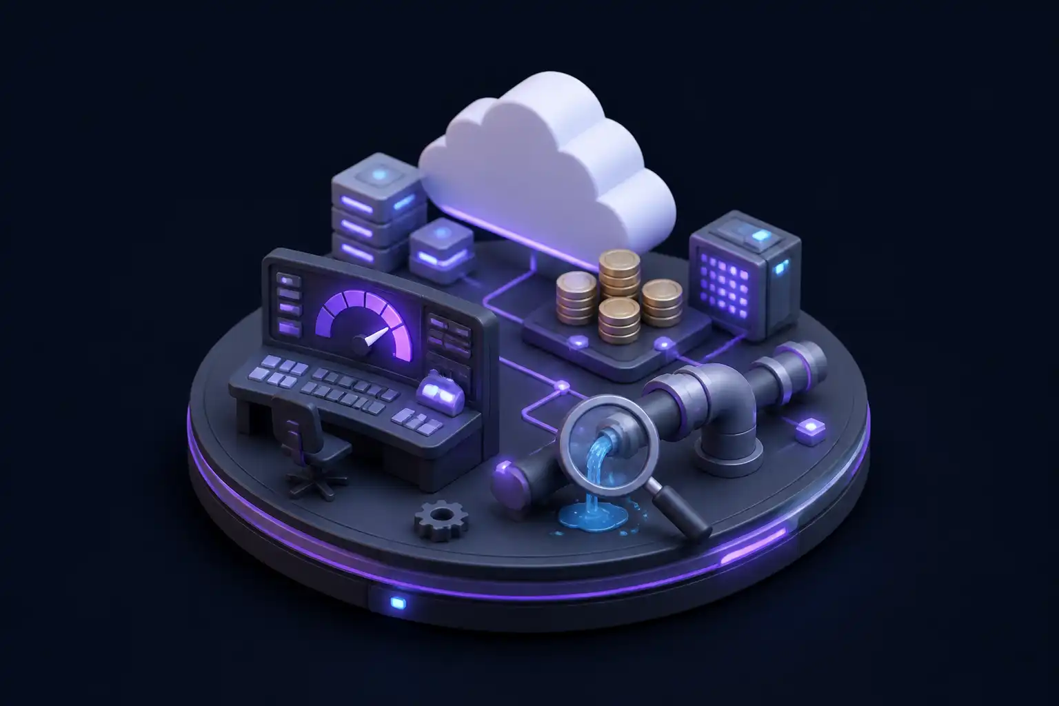 Miniatur-Szene: Leitstand mit steigender Kostenanzeige, Münzstapel neben einer Cloud, Lupe über einem Leck