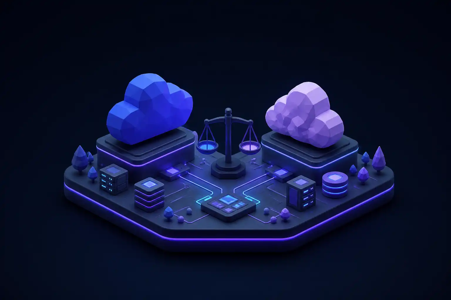 Miniatur-Szene: zwei Plattformen nebeneinander mit unterschiedlichen Cloud-Bausteinen, dazwischen eine Waage