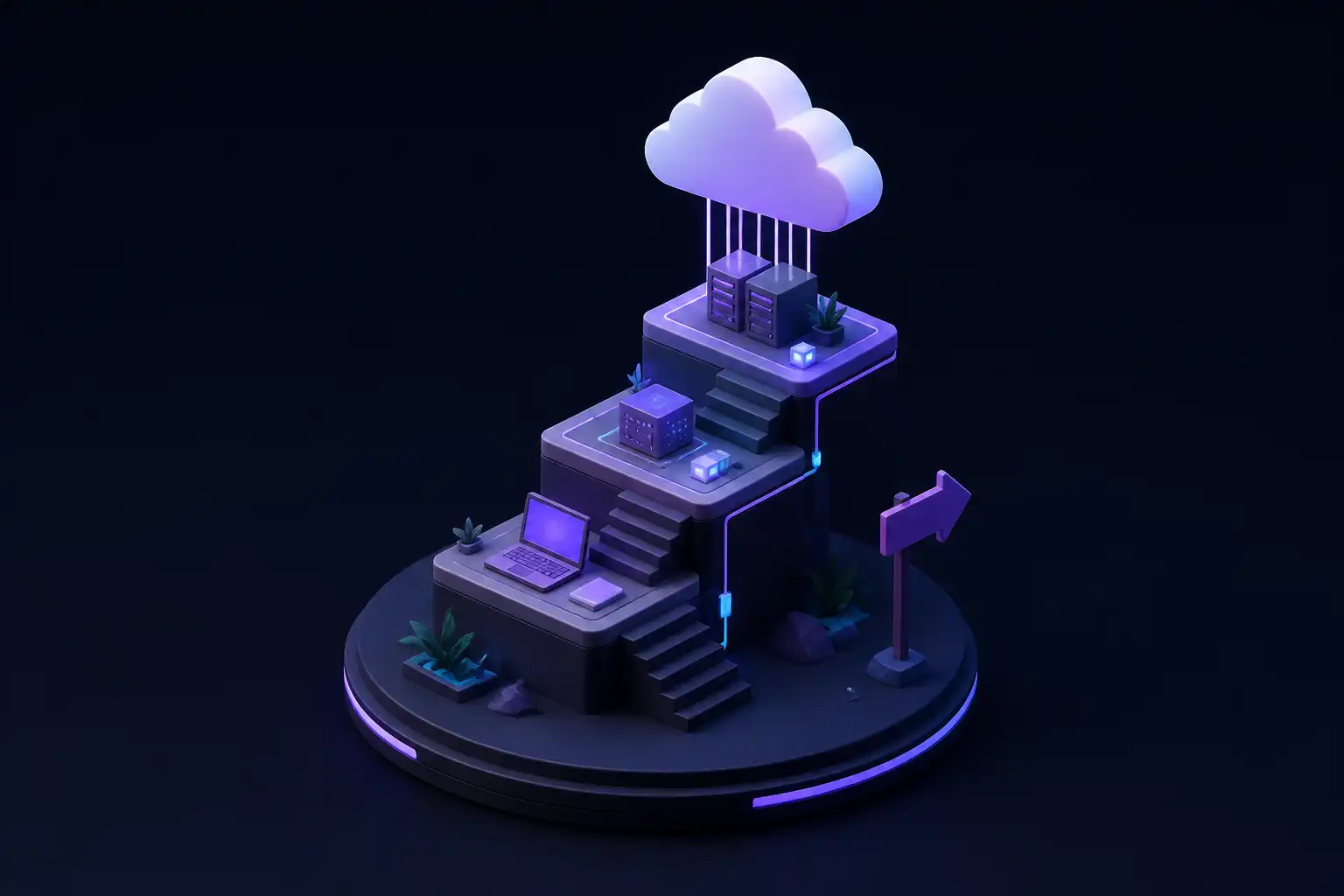 Miniatur-Szene: Treppe aus drei Stufen hinauf zu einer schwebenden Cloud, Laptop und Wegweiser