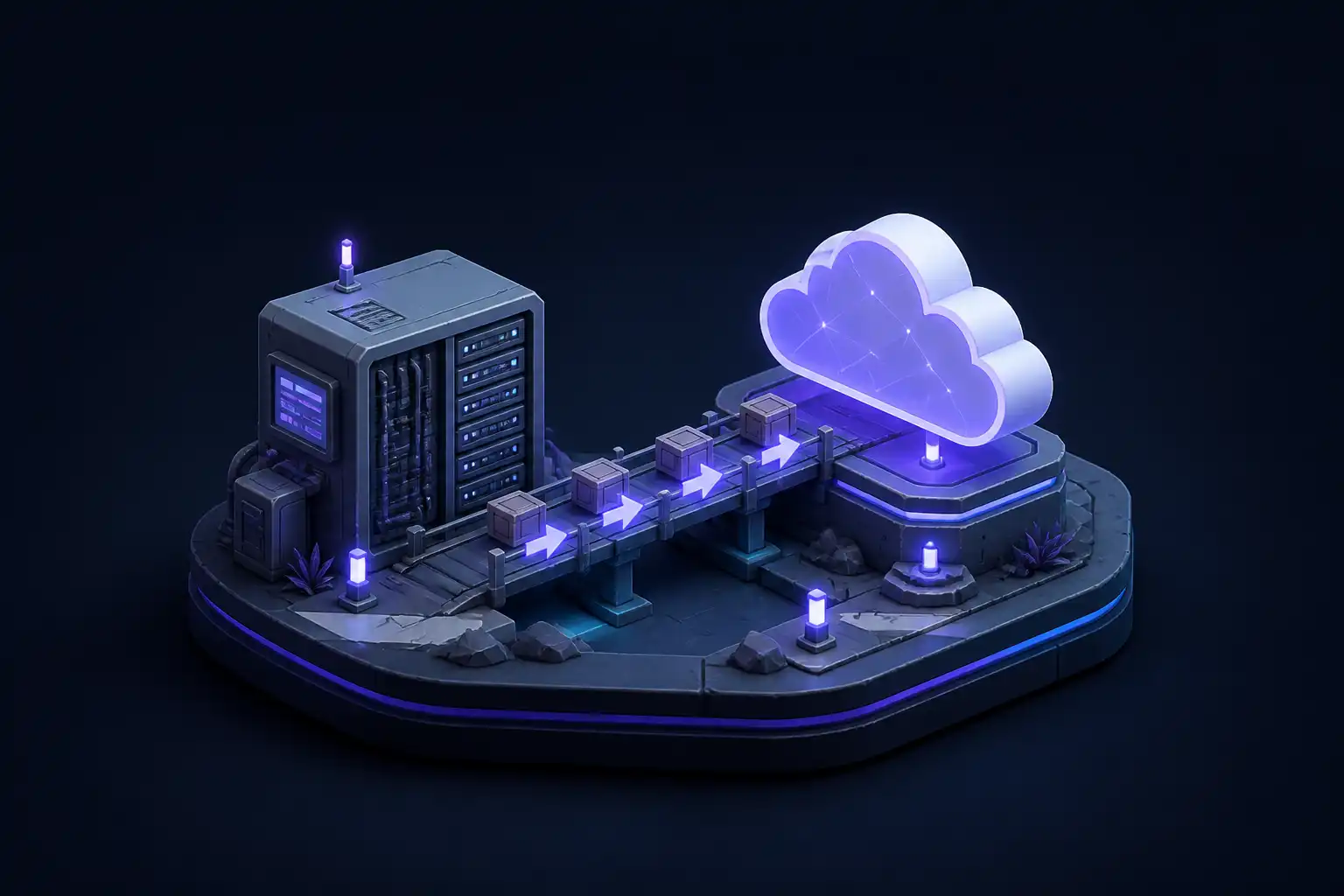 Miniatur-Szene: alter Serverschrank links, leuchtende Cloud rechts, dazwischen eine Brücke mit Kisten