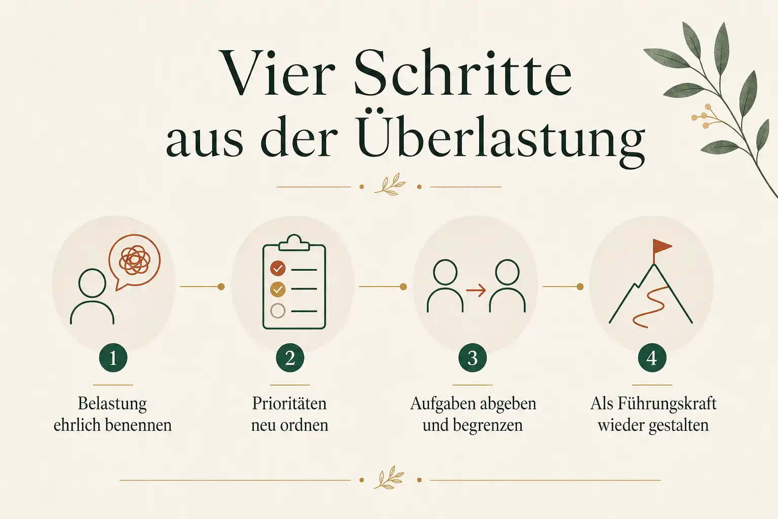 Vier Schritte aus der Überlastung: Belastung ehrlich benennen, Prioritäten neu ordnen, Aufgaben abgeben und begrenzen, Als Führungskraft wieder gestalten