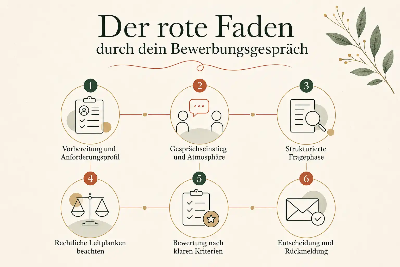 Der rote Faden durch dein Bewerbungsgespräch: Vorbereitung und Anforderungsprofil, Gesprächseinstieg und Atmosphäre, Strukturierte Fragephase, Rechtliche Leitplanken beachten, Bewertung nach klaren Kriterien, Entscheidung und Rückmeldung