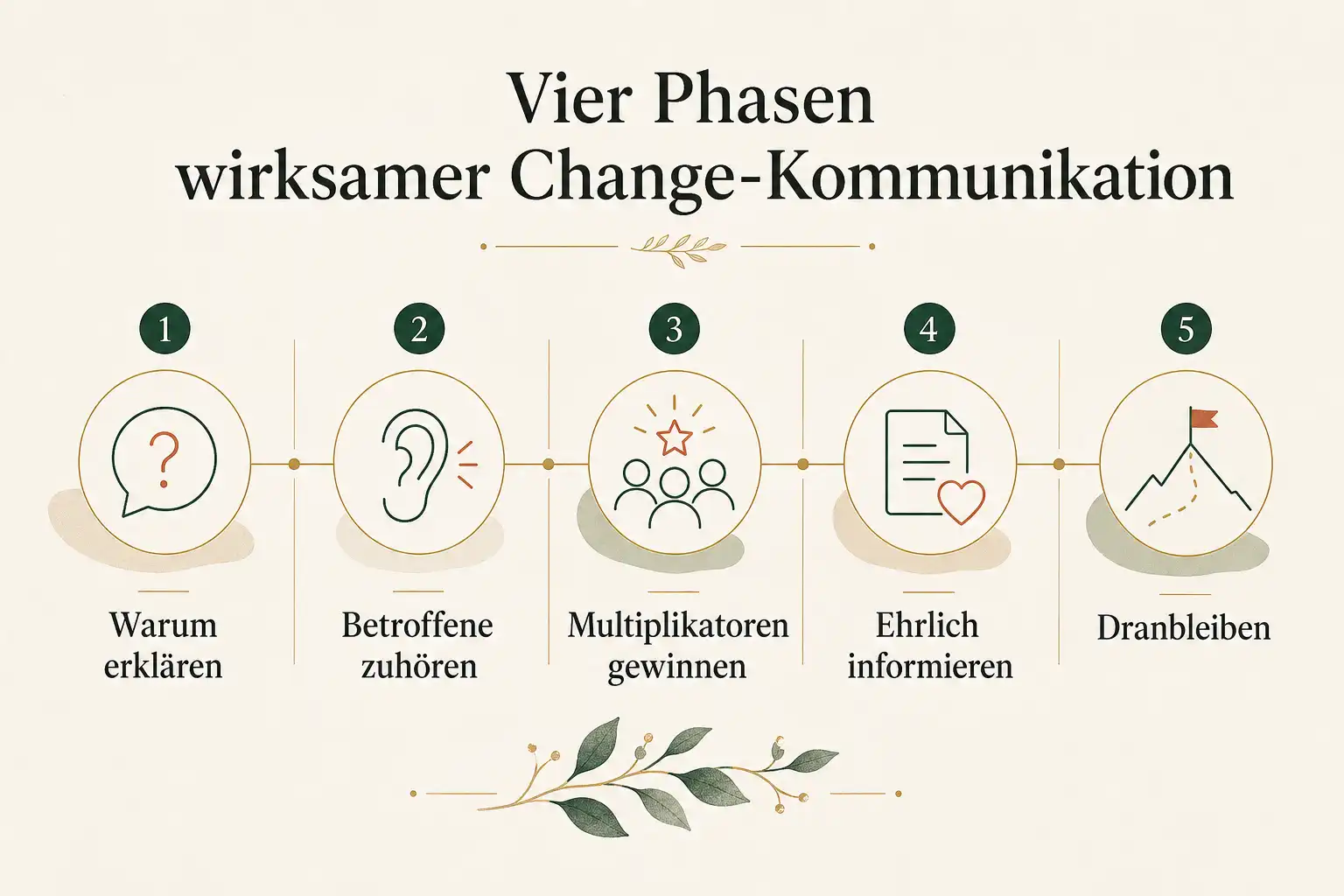 Vier Phasen wirksamer Change-Kommunikation: Warum erklären, Betroffene zuhören, Multiplikatoren gewinnen, Ehrlich informieren, Dranbleiben