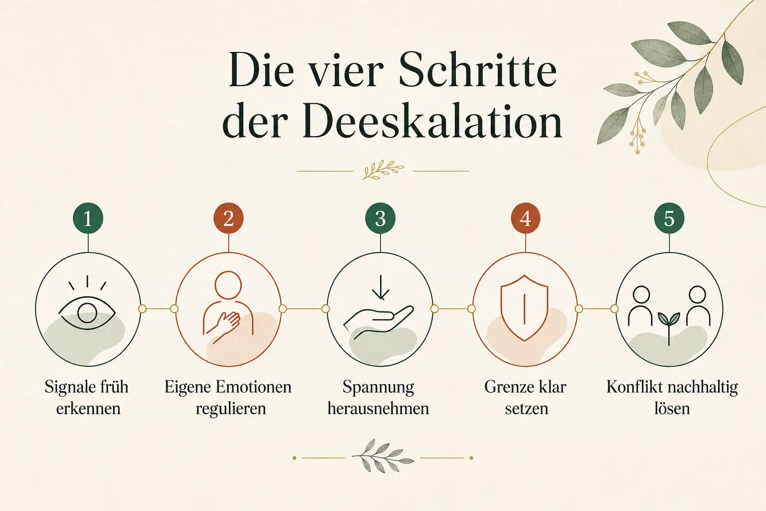 Die vier Schritte der Deeskalation: Signale früh erkennen, Eigene Emotionen regulieren, Spannung herausnehmen, Grenze klar setzen, Konflikt nachhaltig lösen