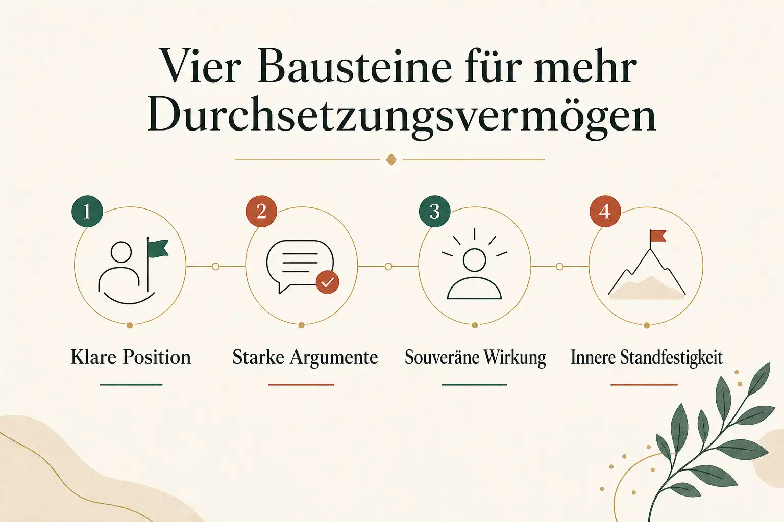 Vier Bausteine für mehr Durchsetzungsvermögen: Klare Position, Starke Argumente, Souveräne Wirkung, Innere Standfestigkeit