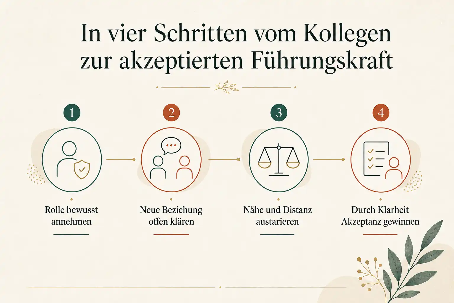 In vier Schritten vom Kollegen zur akzeptierten Führungskraft: Rolle bewusst annehmen, Neue Beziehung offen klären, Nähe und Distanz austarieren, Durch Klarheit Akzeptanz gewinnen
