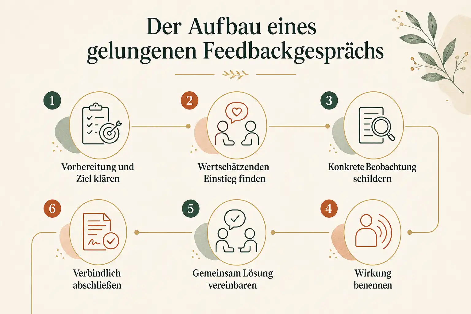 Der Aufbau eines gelungenen Feedbackgesprächs: Vorbereitung und Ziel klären, Wertschätzenden Einstieg finden, Konkrete Beobachtung schildern, Wirkung benennen, Gemeinsam Lösung vereinbaren, Verbindlich abschließen