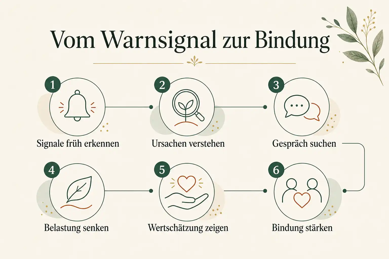 Vom Warnsignal zur Bindung: Signale früh erkennen, Ursachen verstehen, Gespräch suchen, Belastung senken, Wertschätzung zeigen, Bindung stärken
