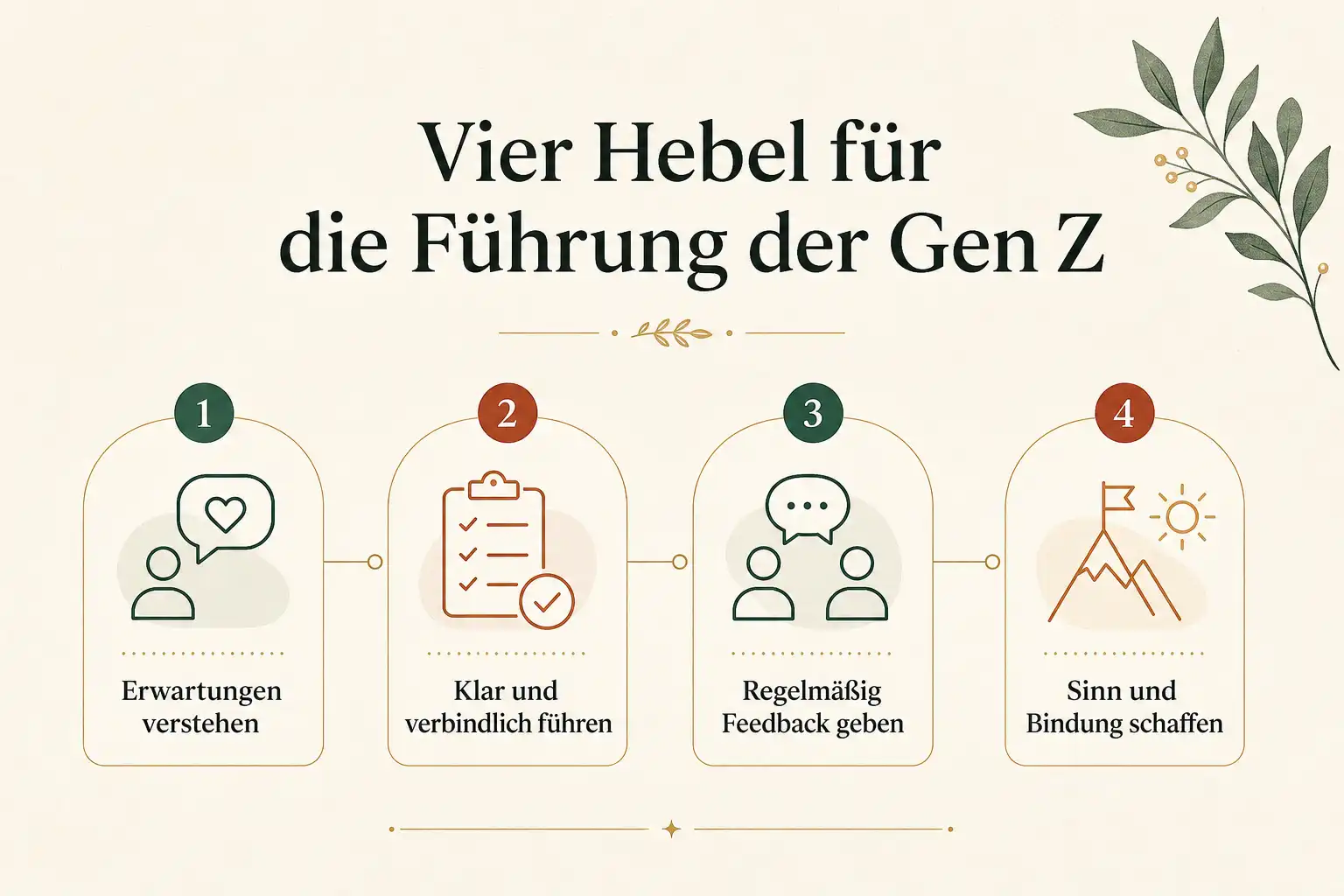 Vier Hebel für die Führung der Gen Z: Erwartungen verstehen, Klar und verbindlich führen, Regelmäßig Feedback geben, Sinn und Bindung schaffen