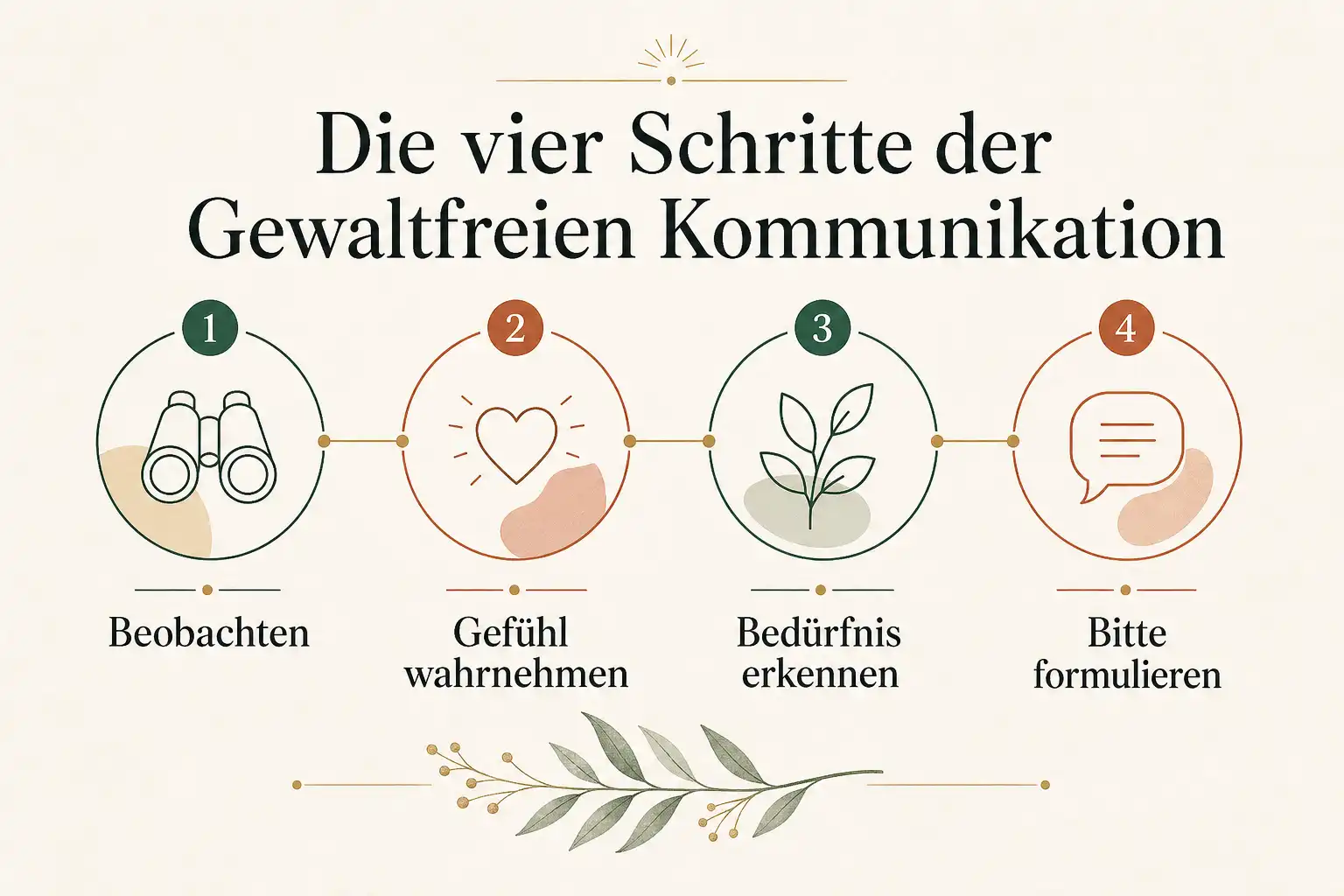 Die vier Schritte der Gewaltfreien Kommunikation: Beobachten, Gefühl wahrnehmen, Bedürfnis erkennen, Bitte formulieren