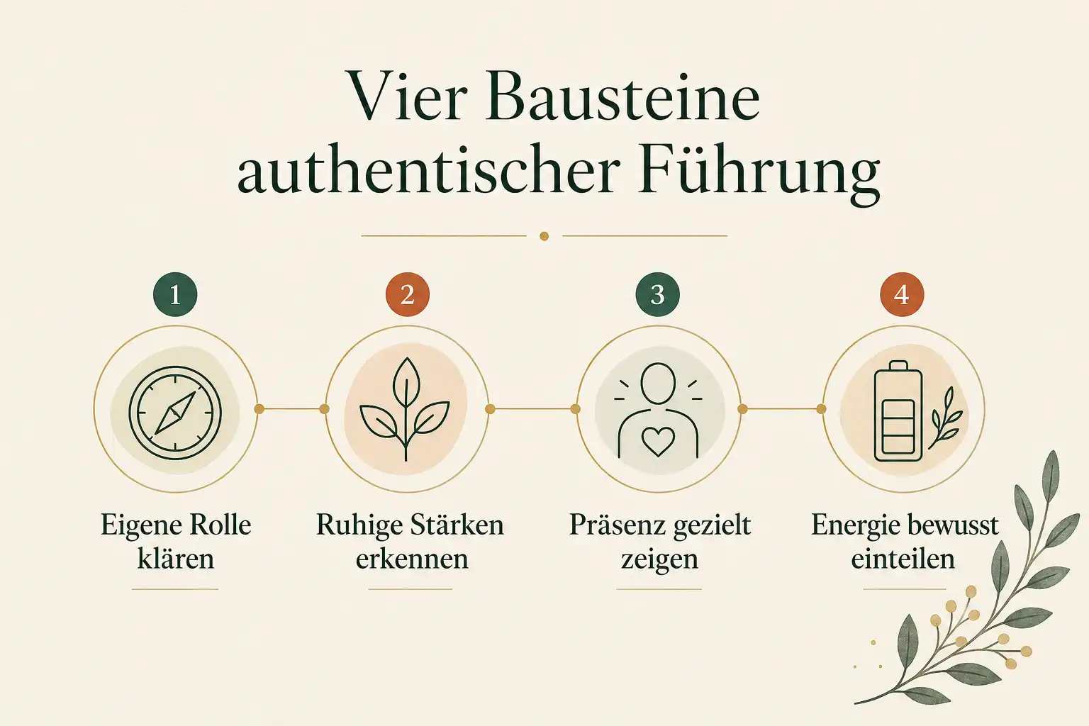 Vier Bausteine authentischer Führung: Eigene Rolle klären, Ruhige Stärken erkennen, Präsenz gezielt zeigen, Energie bewusst einteilen