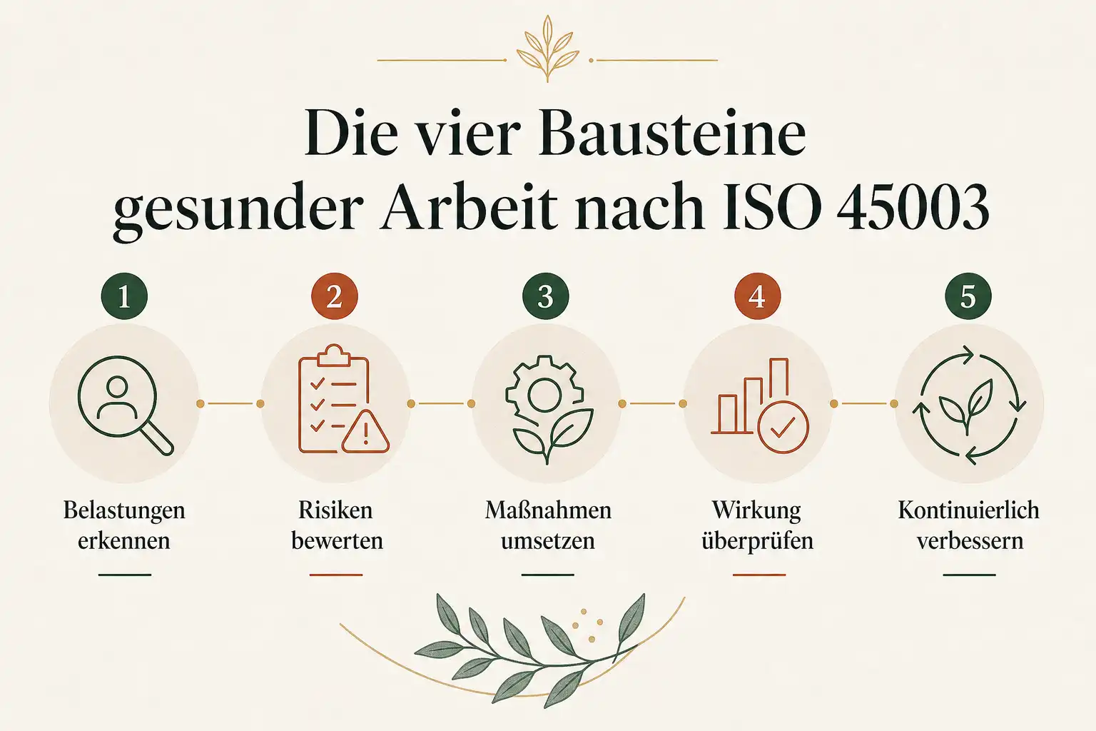 Die vier Bausteine gesunder Arbeit nach ISO 45003: Belastungen erkennen, Risiken bewerten, Maßnahmen umsetzen, Wirkung überprüfen, Kontinuierlich verbessern