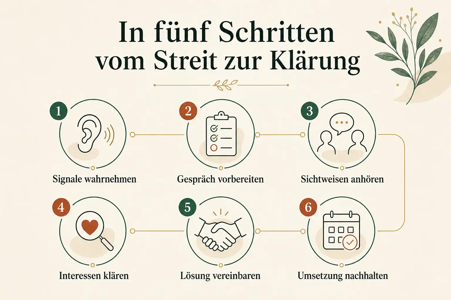In fünf Schritten vom Streit zur Klärung: Signale wahrnehmen, Gespräch vorbereiten, Sichtweisen anhören, Interessen klären, Lösung vereinbaren, Umsetzung nachhalten