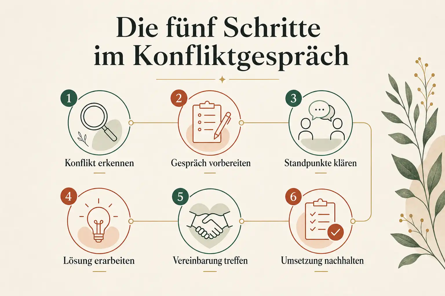 Die fünf Schritte im Konfliktgespräch: Konflikt erkennen, Gespräch vorbereiten, Standpunkte klären, Lösung erarbeiten, Vereinbarung treffen, Umsetzung nachhalten