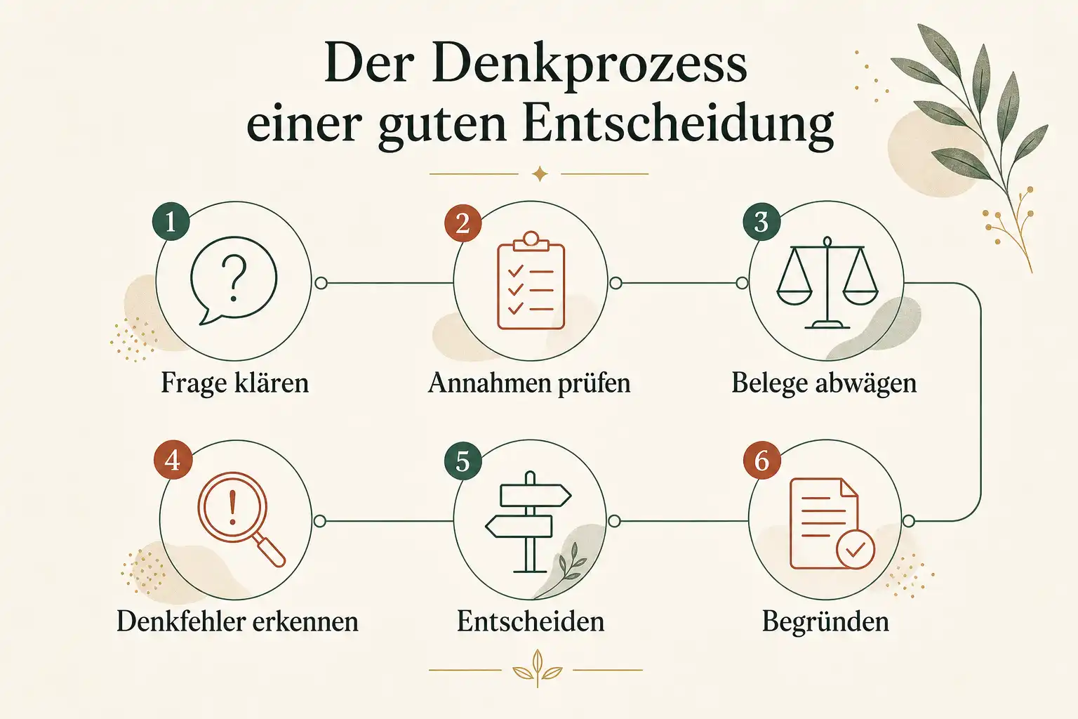 Der Denkprozess einer guten Entscheidung: Frage klären, Annahmen prüfen, Belege abwägen, Denkfehler erkennen, Entscheiden, Begründen