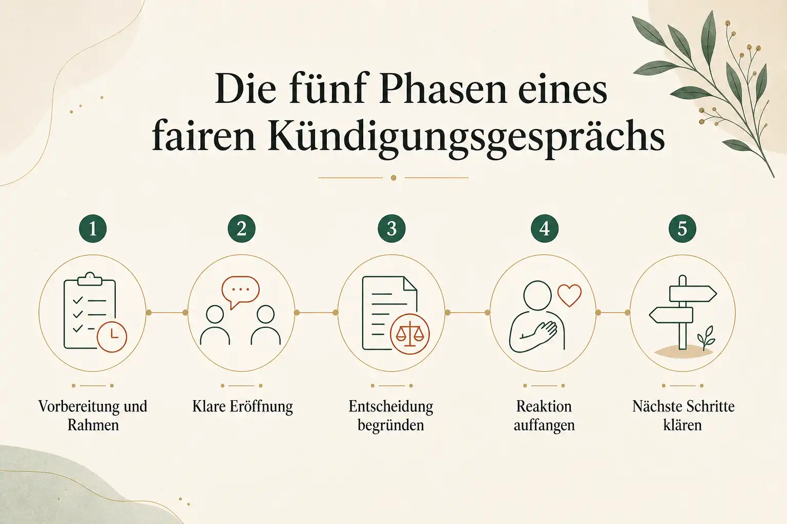 Die fünf Phasen eines fairen Kündigungsgesprächs: Vorbereitung und Rahmen, Klare Eröffnung, Entscheidung begründen, Reaktion auffangen, Nächste Schritte klären