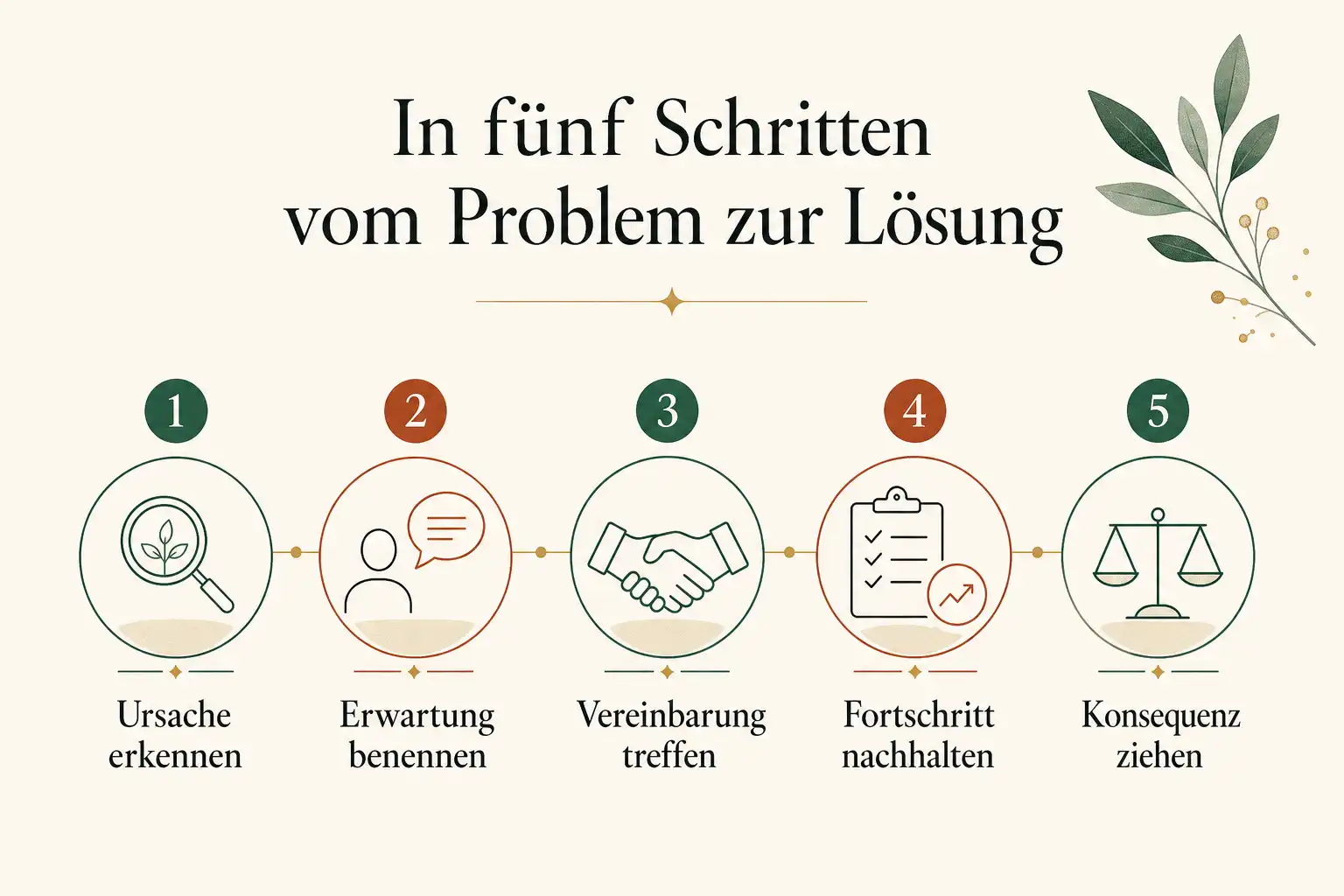 In fünf Schritten vom Problem zur Lösung: Ursache erkennen, Erwartung benennen, Vereinbarung treffen, Fortschritt nachhalten, Konsequenz ziehen