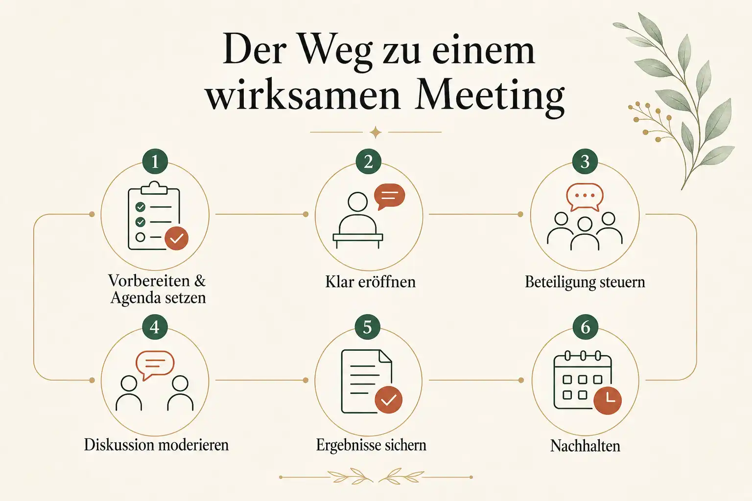 Der Weg zu einem wirksamen Meeting: Vorbereiten & Agenda setzen, Klar eröffnen, Beteiligung steuern, Diskussion moderieren, Ergebnisse sichern, Nachhalten