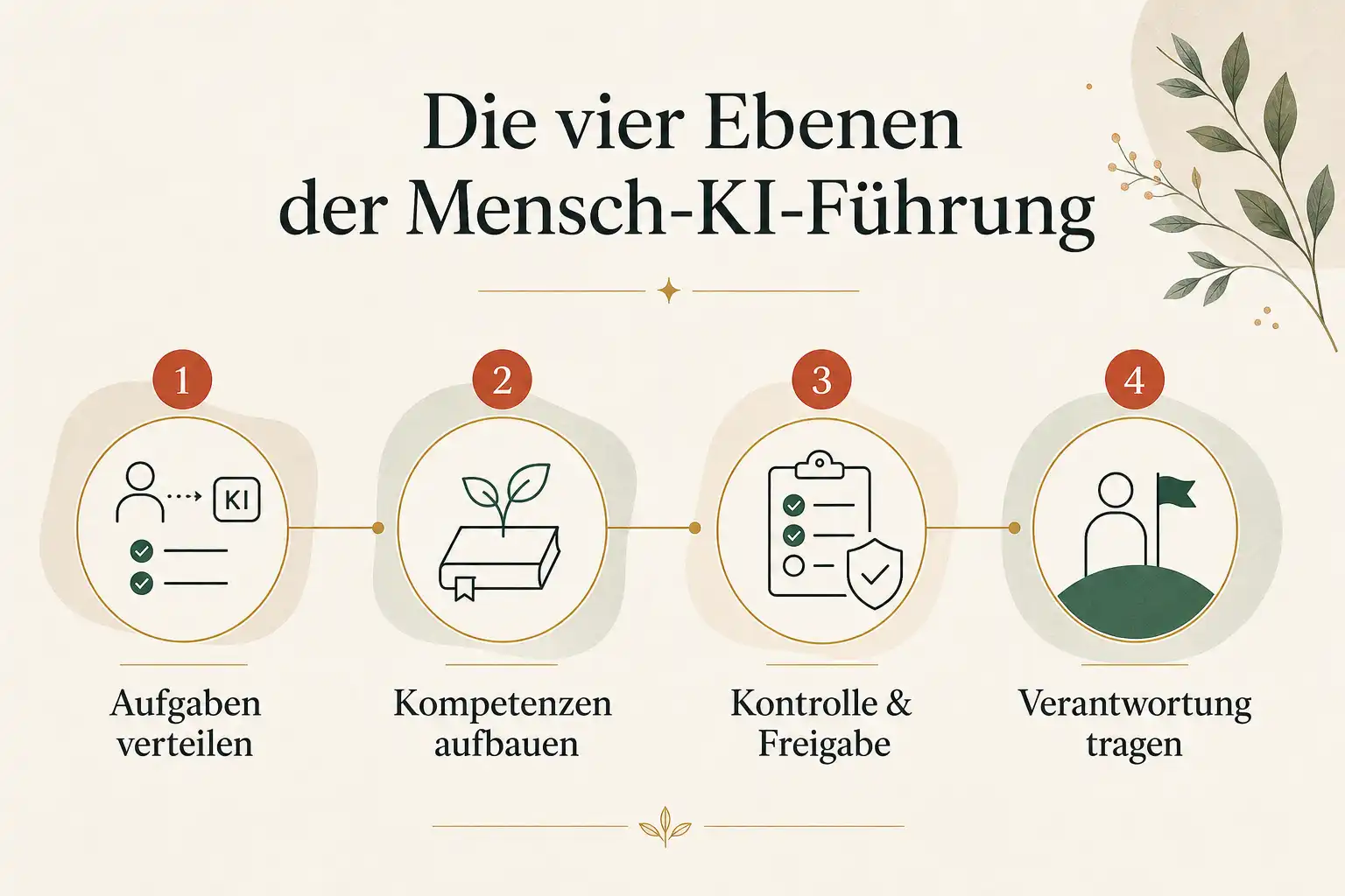 Die vier Ebenen der Mensch-KI-Führung: Aufgaben verteilen, Kompetenzen aufbauen, Kontrolle & Freigabe, Verantwortung tragen