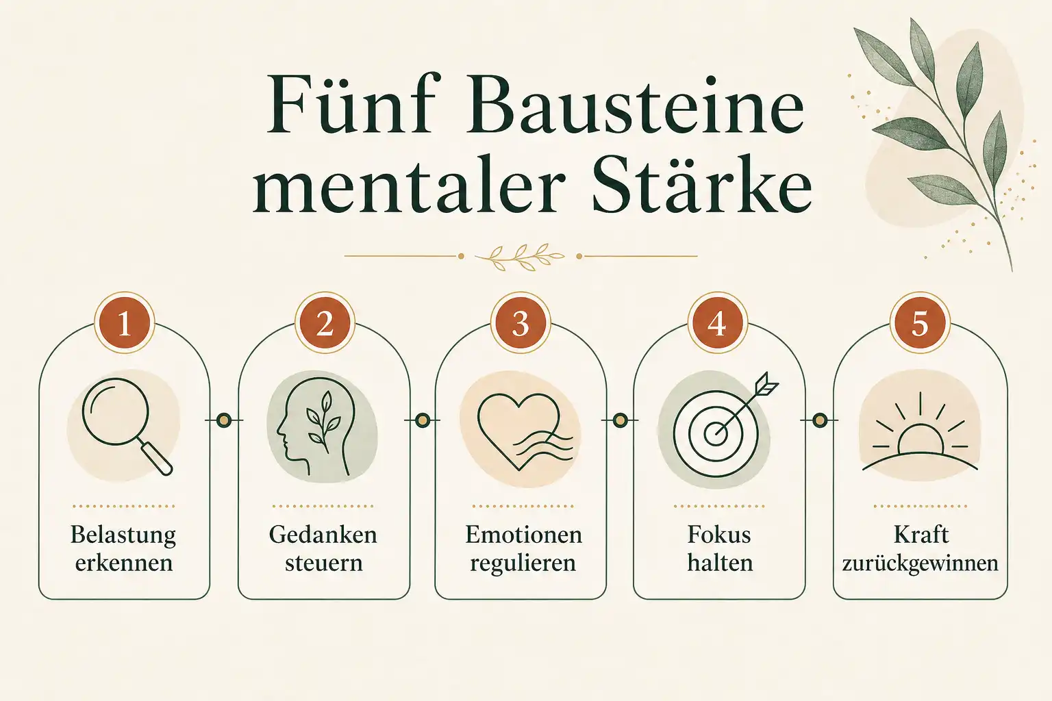 Fünf Bausteine mentaler Stärke: Belastung erkennen, Gedanken steuern, Emotionen regulieren, Fokus halten, Kraft zurückgewinnen