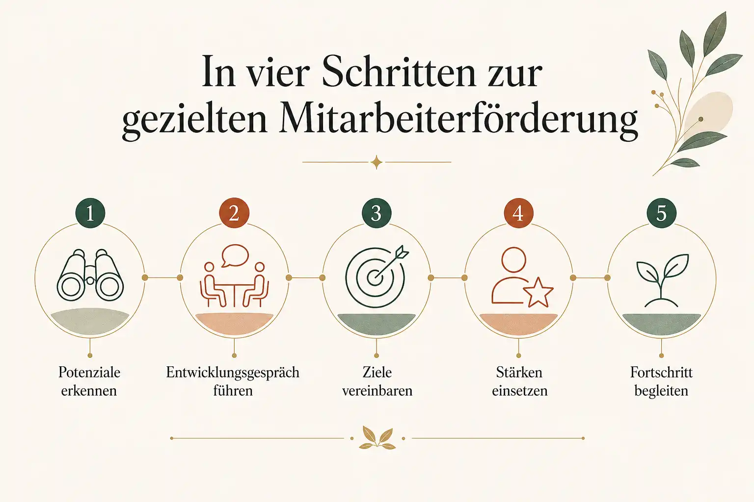 In vier Schritten zur gezielten Mitarbeiterförderung: Potenziale erkennen, Entwicklungsgespräch führen, Ziele vereinbaren, Stärken einsetzen, Fortschritt begleiten