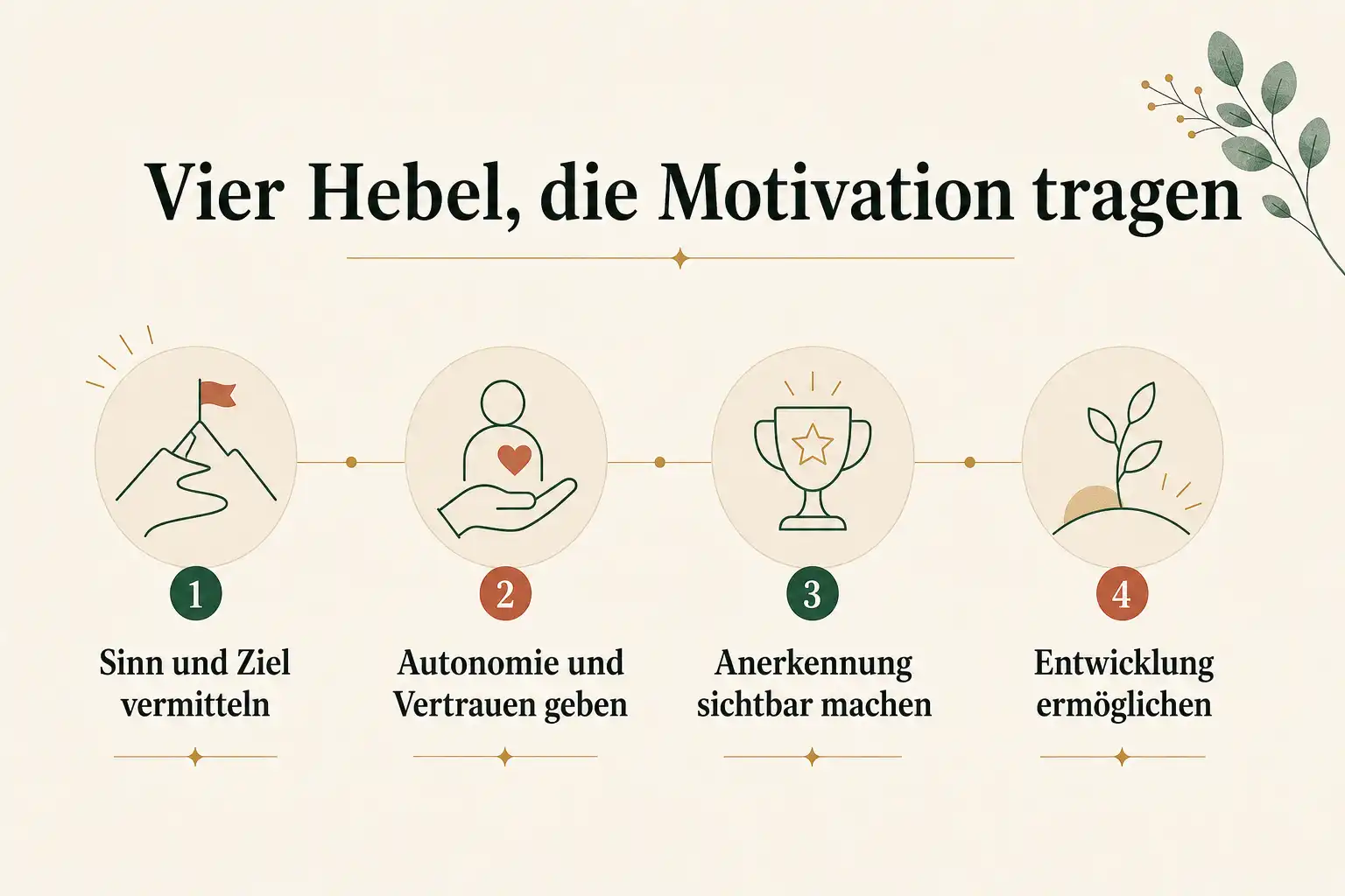 Vier Hebel, die Motivation tragen: Sinn und Ziel vermitteln, Autonomie und Vertrauen geben, Anerkennung sichtbar machen, Entwicklung ermöglichen