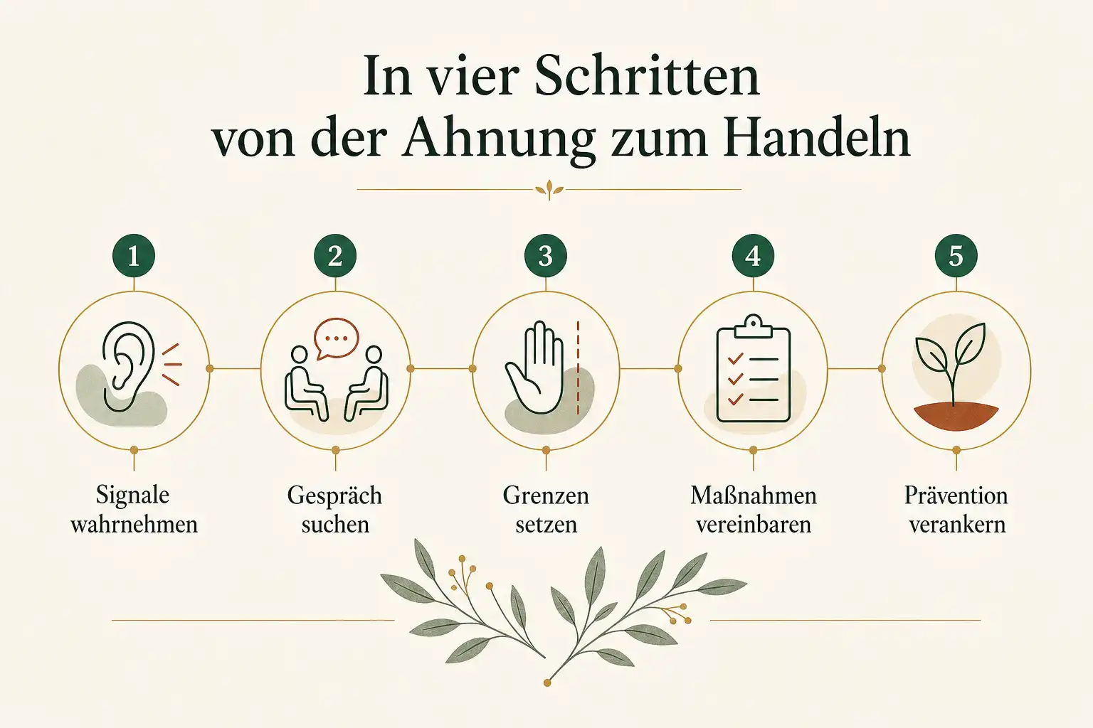 In vier Schritten von der Ahnung zum Handeln: Signale wahrnehmen, Gespräch suchen, Grenzen setzen, Maßnahmen vereinbaren, Prävention verankern