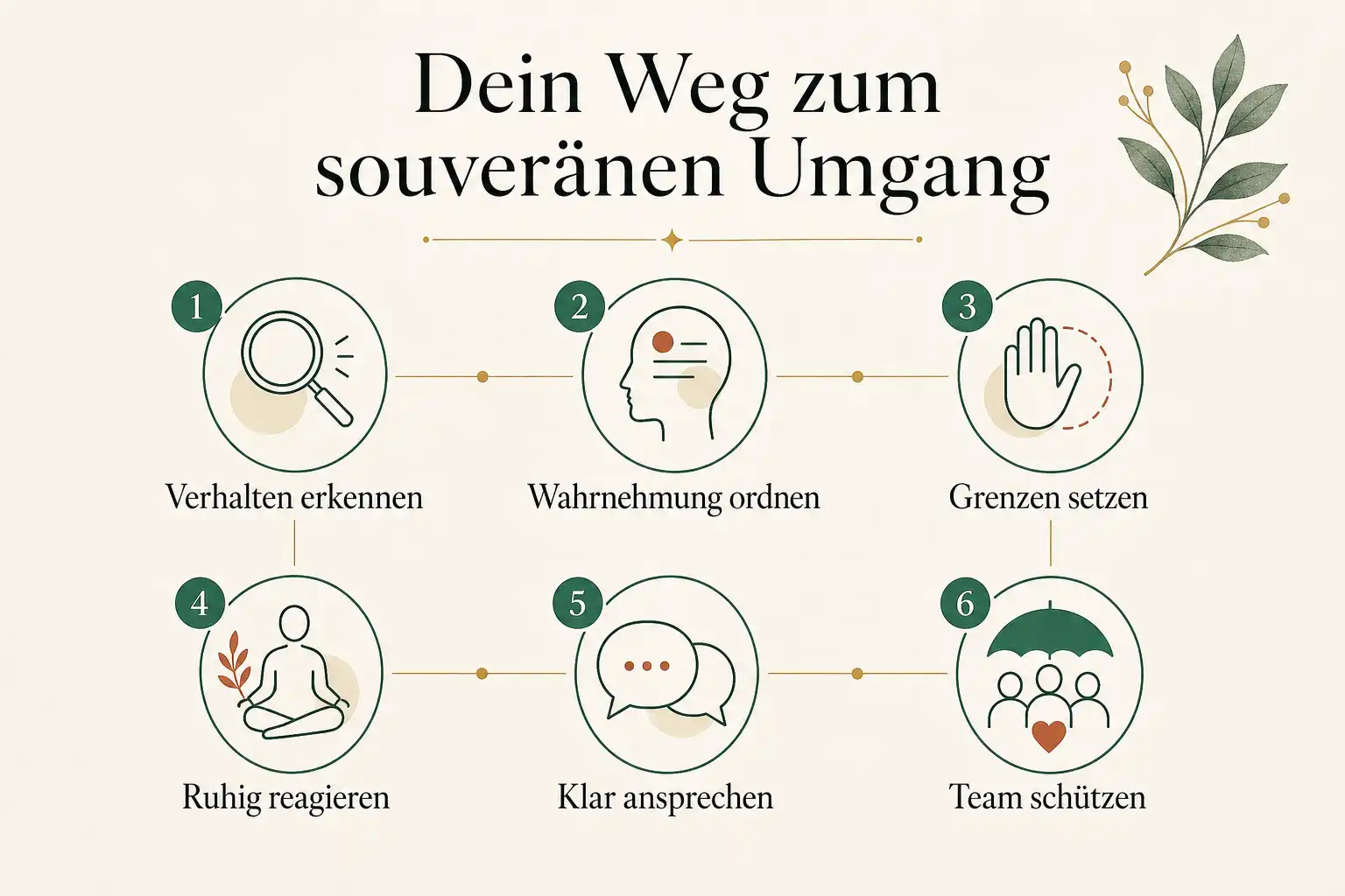 Dein Weg zum souveränen Umgang: Verhalten erkennen, Wahrnehmung ordnen, Grenzen setzen, Ruhig reagieren, Klar ansprechen, Team schützen