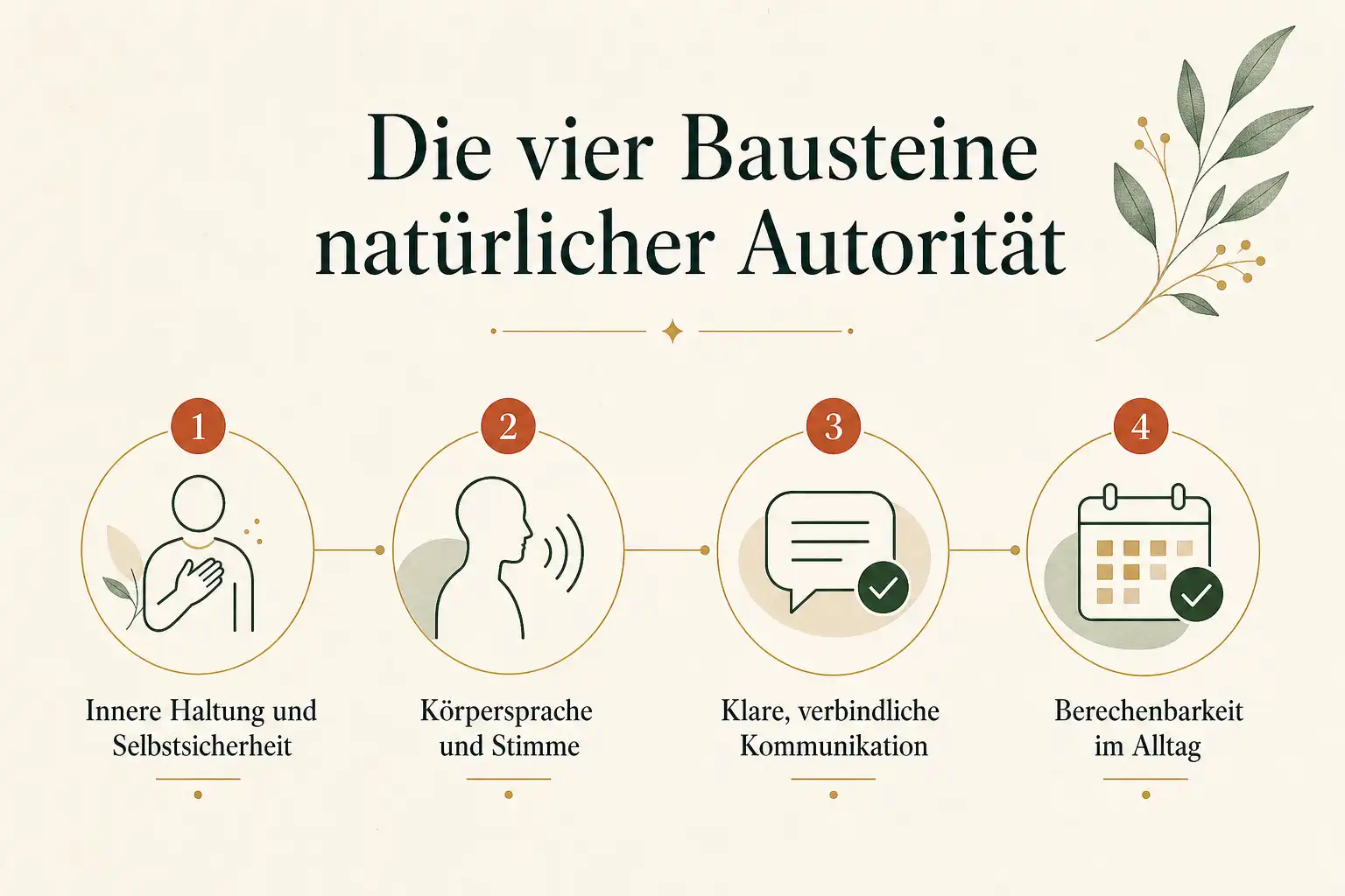 Die vier Bausteine natürlicher Autorität: Innere Haltung und Selbstsicherheit, Körpersprache und Stimme, Klare, verbindliche Kommunikation, Berechenbarkeit im Alltag