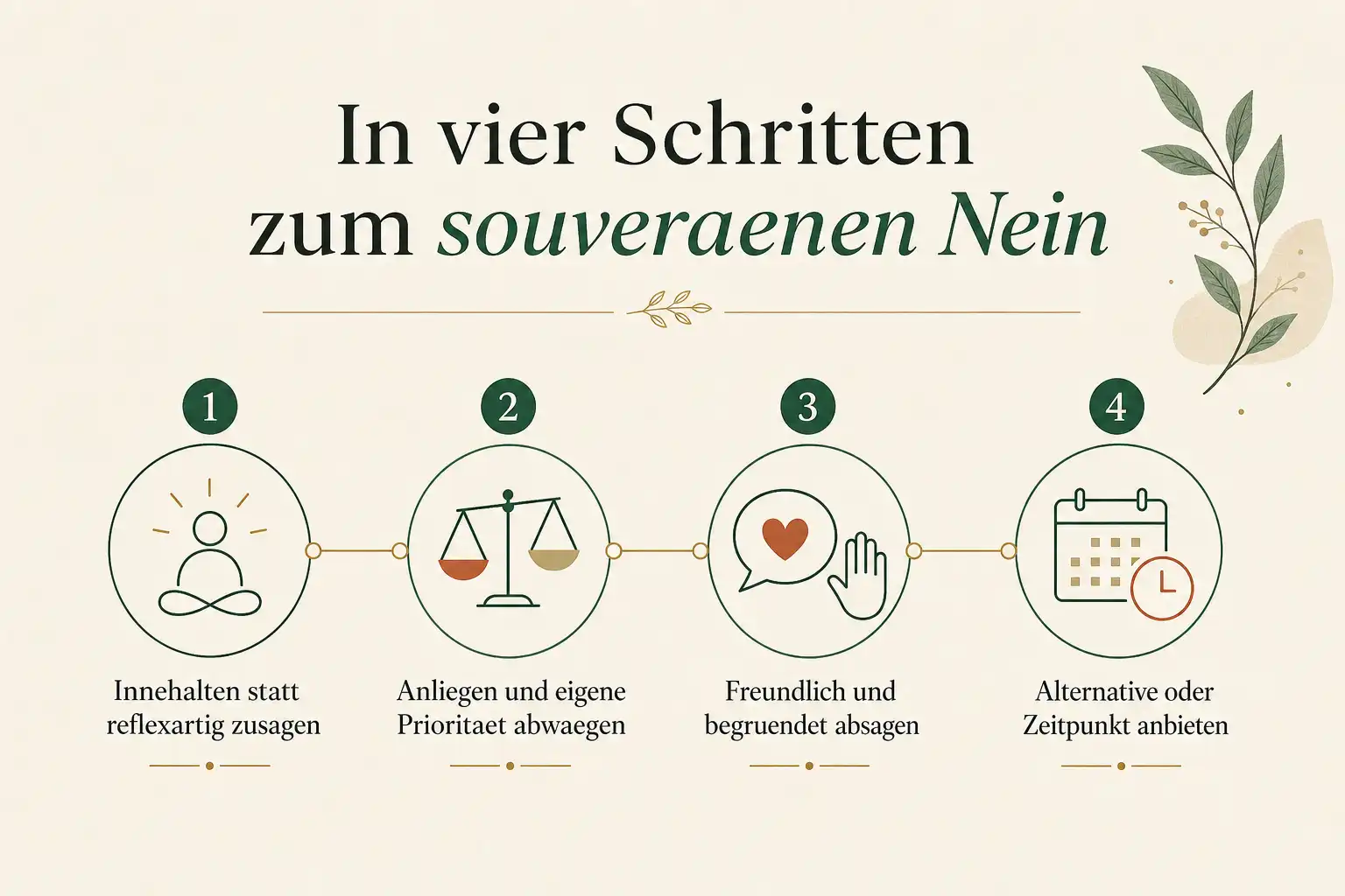 In vier Schritten zum souveraenen Nein: Innehalten statt reflexartig zusagen, Anliegen und eigene Prioritaet abwaegen, Freundlich und begruendet absagen, Alternative oder Zeitpunkt anbieten