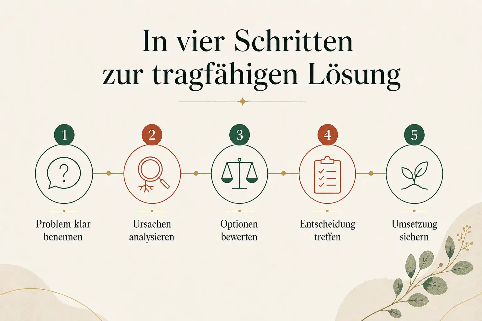 In vier Schritten zur tragfähigen Lösung: Problem klar benennen, Ursachen analysieren, Optionen bewerten, Entscheidung treffen, Umsetzung sichern