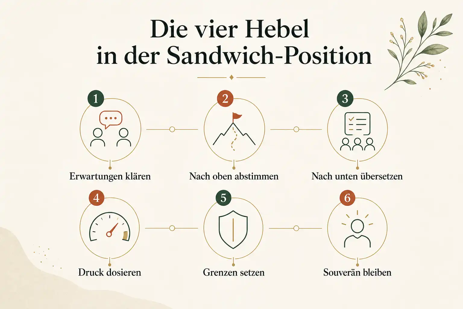 Die vier Hebel in der Sandwich-Position: Erwartungen klären, Nach oben abstimmen, Nach unten übersetzen, Druck dosieren, Grenzen setzen, Souverän bleiben
