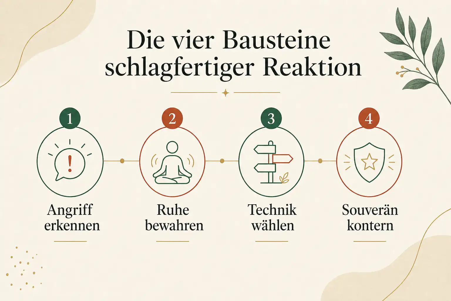 Die vier Bausteine schlagfertiger Reaktion: Angriff erkennen, Ruhe bewahren, Technik wählen, Souverän kontern