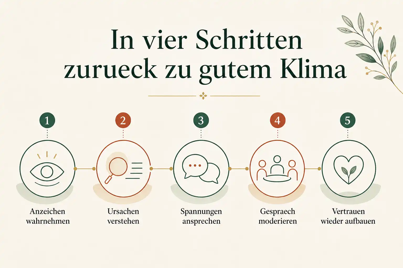 In vier Schritten zurueck zu gutem Klima: Anzeichen wahrnehmen, Ursachen verstehen, Spannungen ansprechen, Gespraech moderieren, Vertrauen wieder aufbauen