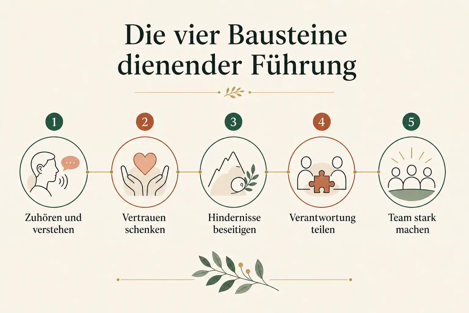 Die vier Bausteine dienender Führung: Zuhören und verstehen, Vertrauen schenken, Hindernisse beseitigen, Verantwortung teilen, Team stark machen