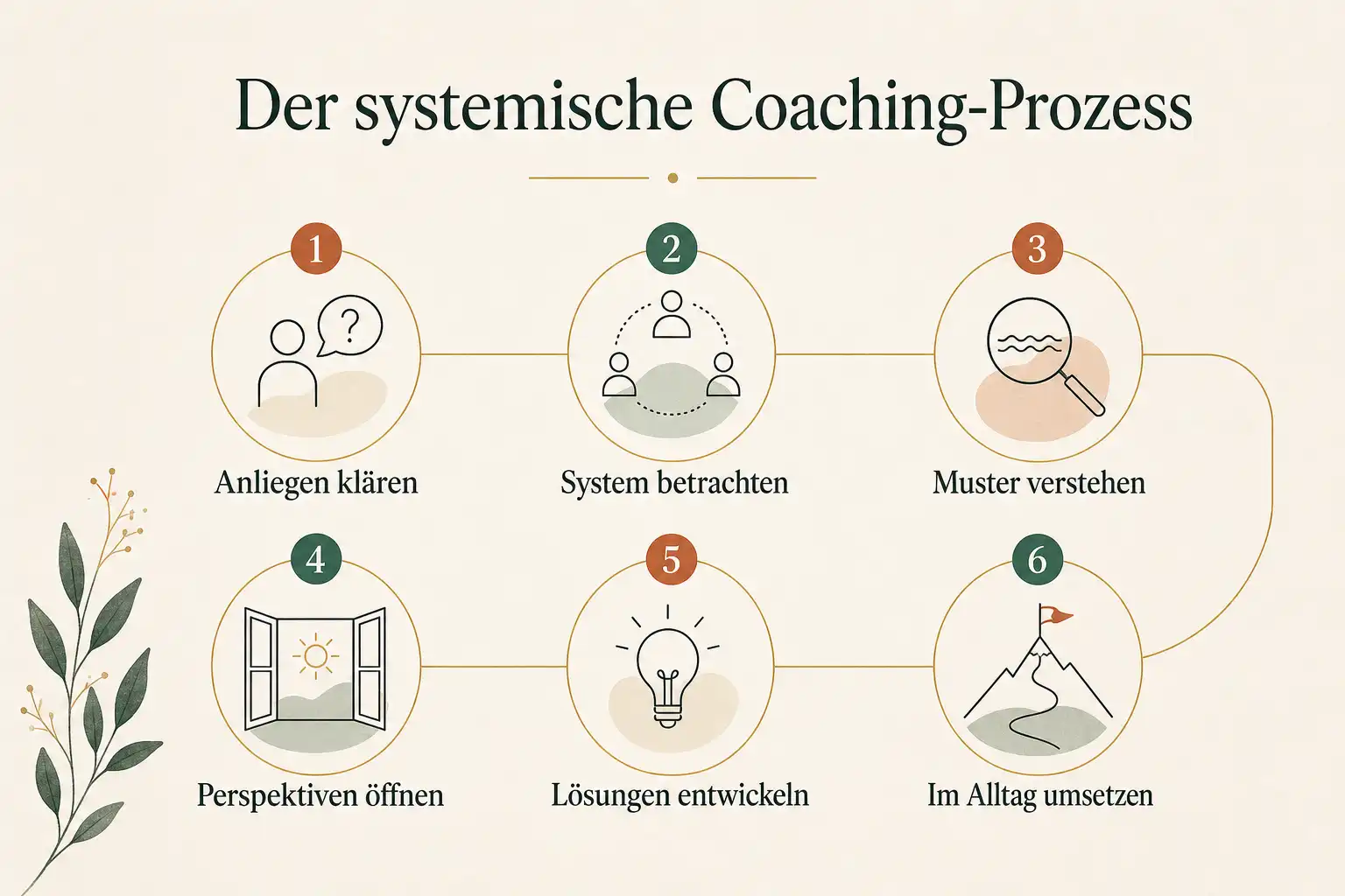 Der systemische Coaching-Prozess: Anliegen klären, System betrachten, Muster verstehen, Perspektiven öffnen, Lösungen entwickeln, Im Alltag umsetzen