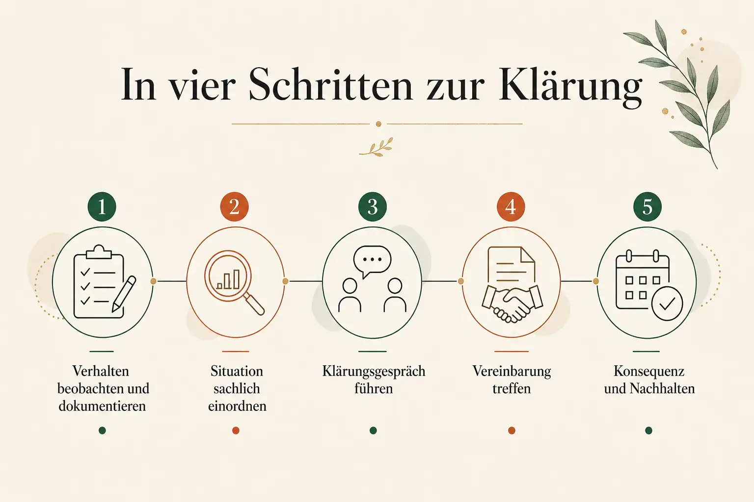 In vier Schritten zur Klärung: Verhalten beobachten und dokumentieren, Situation sachlich einordnen, Klärungsgespräch führen, Vereinbarung treffen, Konsequenz und Nachhalten