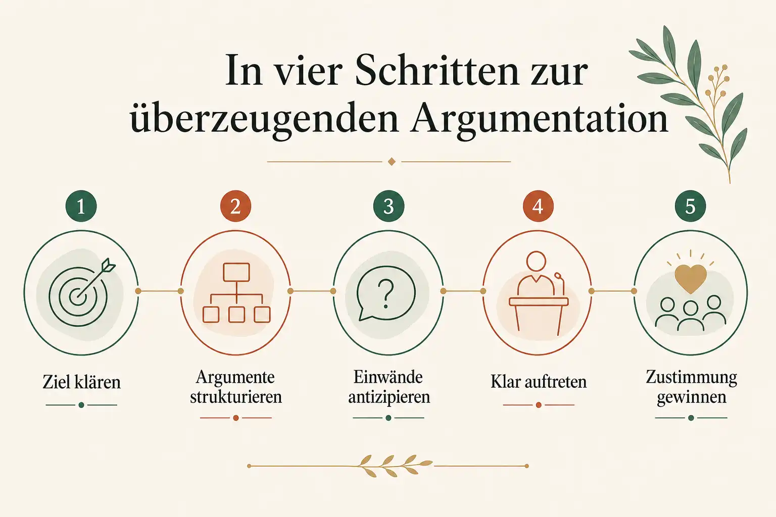 In vier Schritten zur überzeugenden Argumentation: Ziel klären, Argumente strukturieren, Einwände antizipieren, Klar auftreten, Zustimmung gewinnen