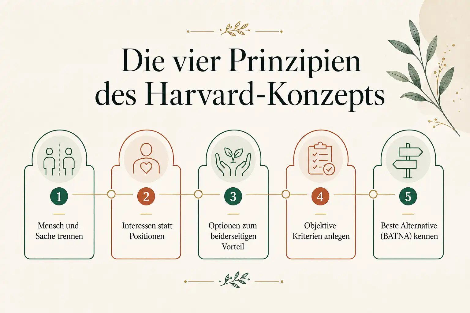 Die vier Prinzipien des Harvard-Konzepts: Mensch und Sache trennen, Interessen statt Positionen, Optionen zum beiderseitigen Vorteil, Objektive Kriterien anlegen, Beste Alternative (BATNA) kennen