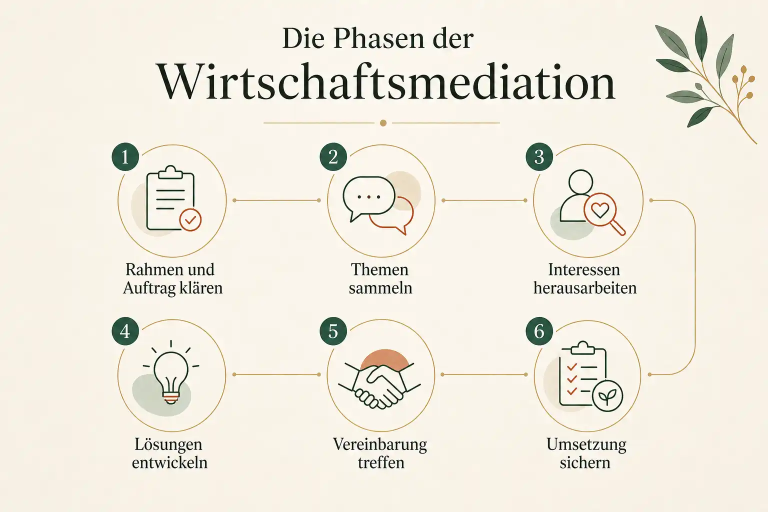 Die Phasen der Wirtschaftsmediation: Rahmen und Auftrag klären, Themen sammeln, Interessen herausarbeiten, Lösungen entwickeln, Vereinbarung treffen, Umsetzung sichern