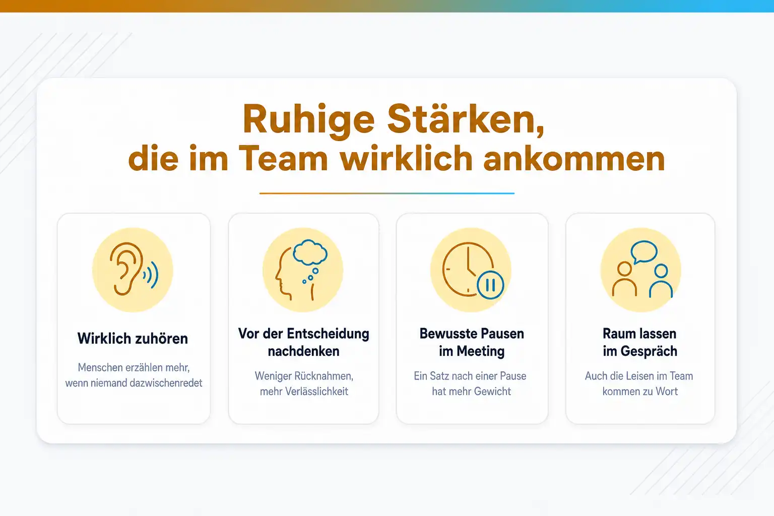 Grafik: Ruhige Stärken, die im Team wirklich ankommen: wirklich zuhören, vor der Entscheidung nachdenken, bewusste Pausen im Meeting, Raum lassen im Gespräch