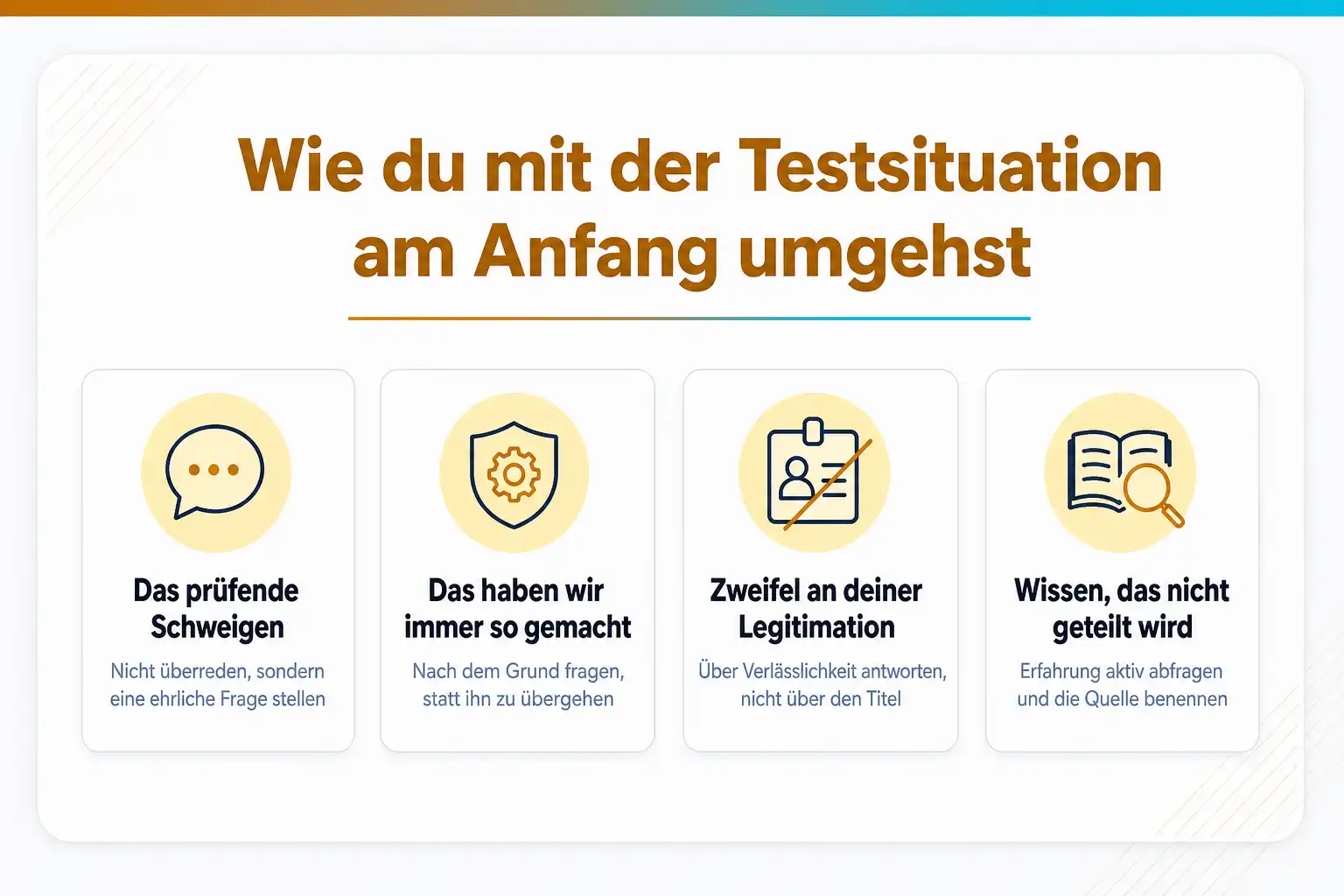 Grafik: Wie du mit der Testsituation am Anfang umgehst: das prüfende Schweigen, „Das haben wir immer so gemacht“, Zweifel an deiner Legitimation, Wissen, das nicht geteilt wird