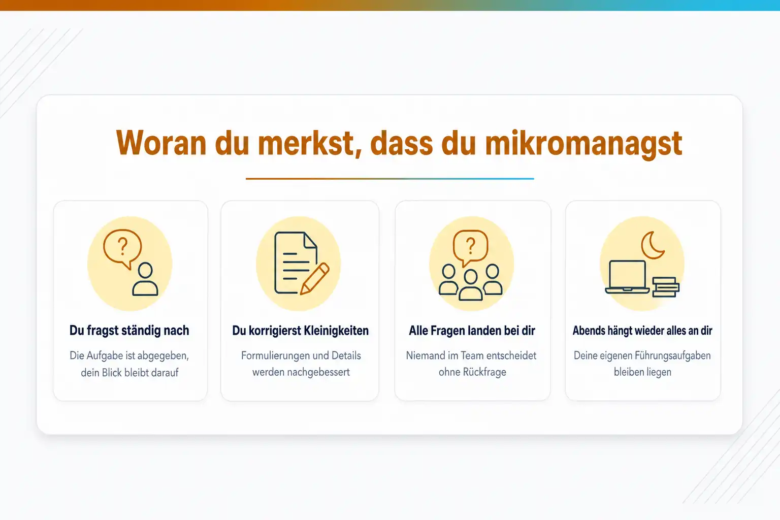 Grafik: Woran du merkst, dass du mikromanagst: Du fragst ständig nach, du korrigierst Kleinigkeiten, alle Fragen landen bei dir, abends hängt wieder alles an dir