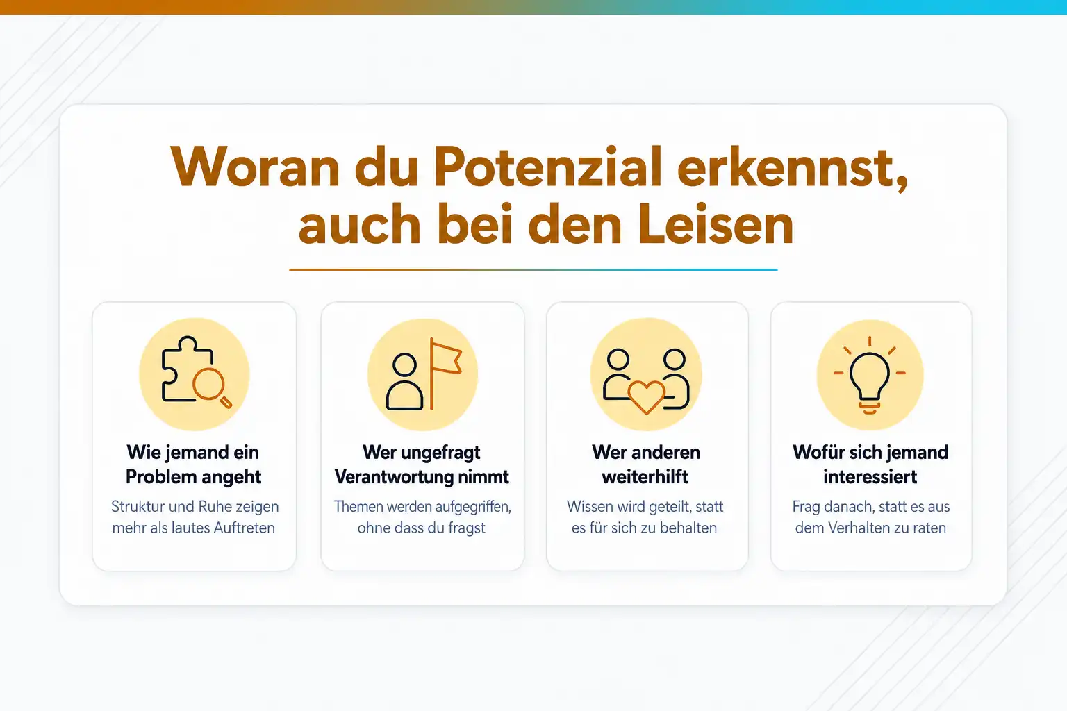 Grafik: Woran du Potenzial erkennst, auch bei den Leisen: wie jemand ein Problem angeht, wer ungefragt Verantwortung nimmt, wer anderen weiterhilft, wofür sich jemand interessiert