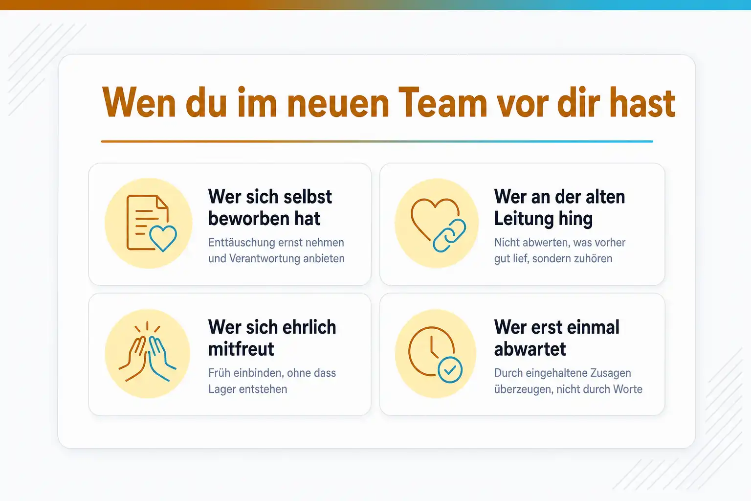 Grafik: Wen du im neuen Team vor dir hast: wer sich selbst beworben hat, wer an der alten Leitung hing, wer sich ehrlich mitfreut, wer erst einmal abwartet